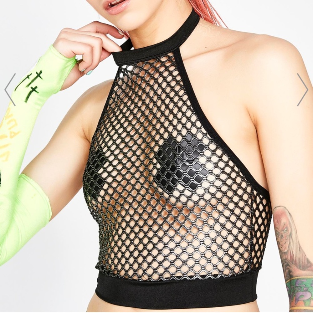 Metallic Fishnet Halter Crop Top